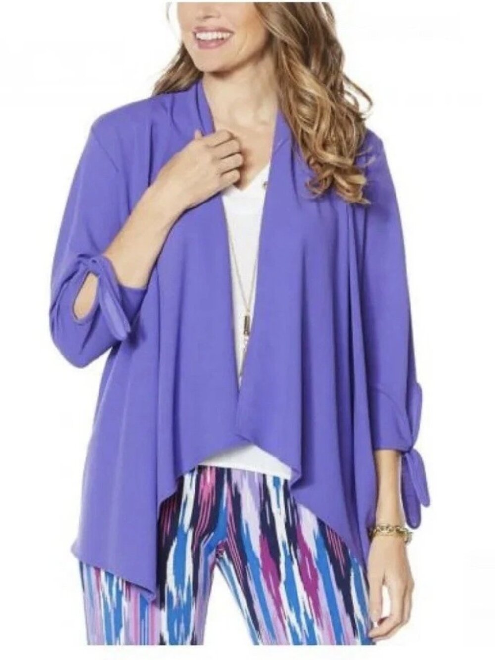 IMAN Global Chic Purple Open Front Tie Sleeve Cardigan Jacket Top Topper Sz S
